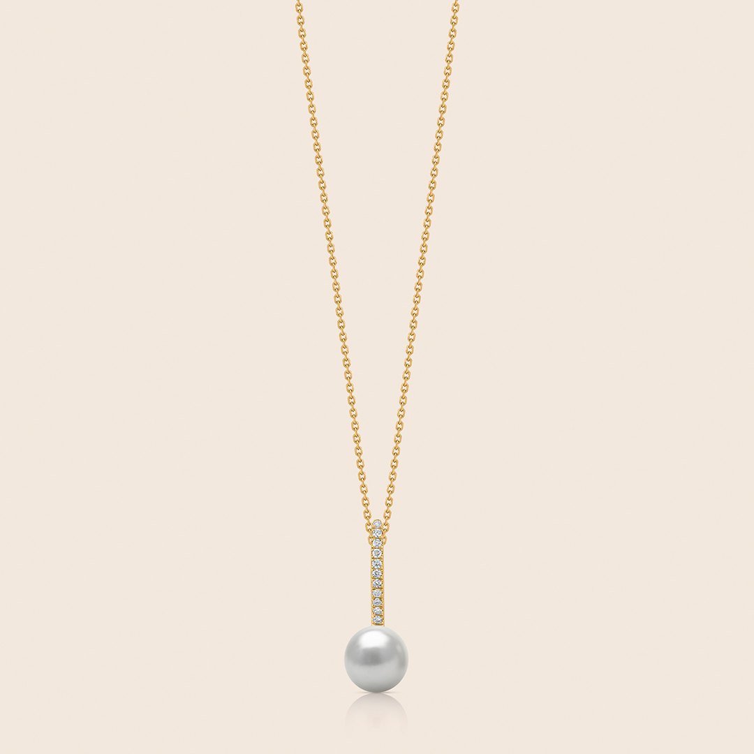 186 lavita yellow gold pentant with central pearl and diamond swirl - Image 1