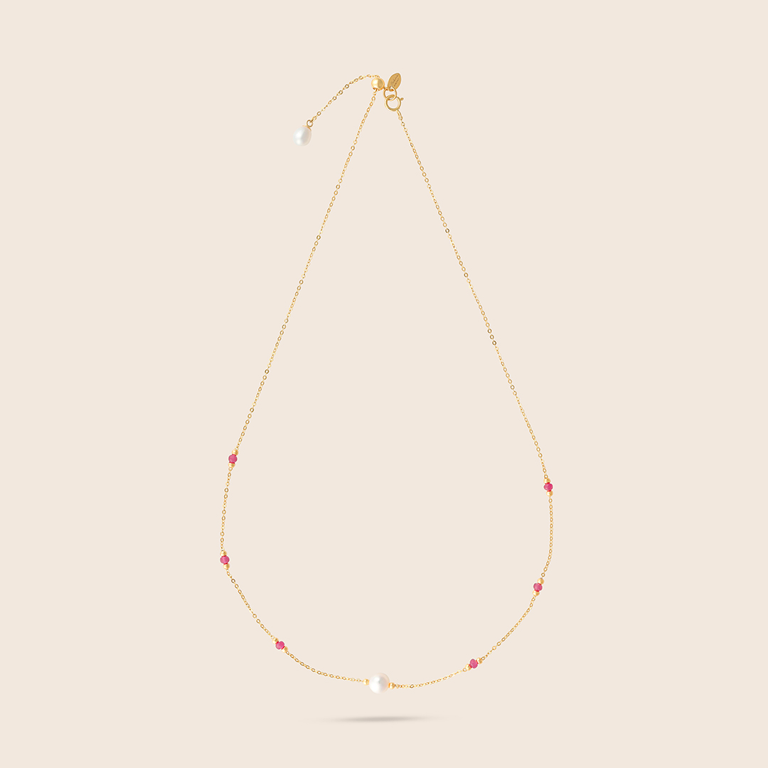 J7GBLNGIU8_1 Lavita yellow gold pearl necklace with ruby - Image 1